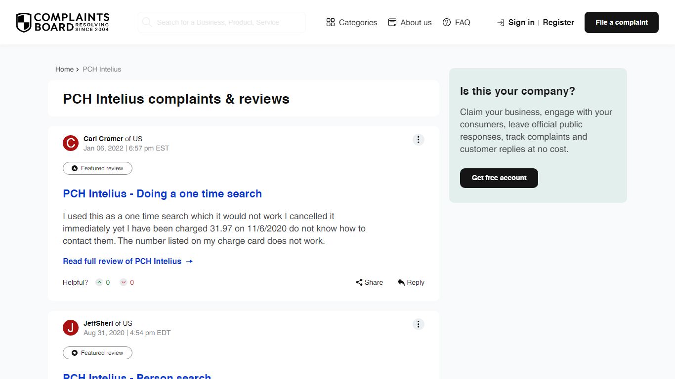 PCH Intelius Negative Reviews - Complaints Board.