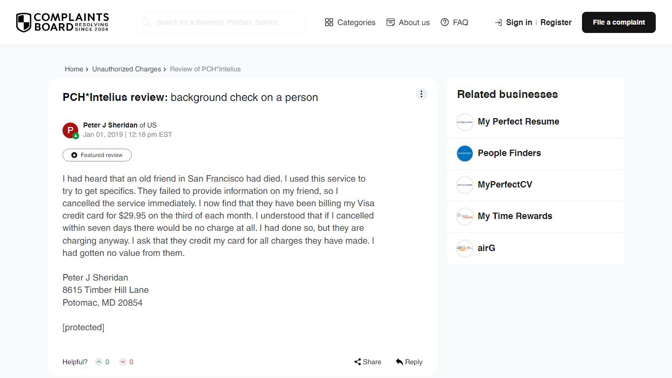 PCH*Intelius review: background check on a person - Complaints Board